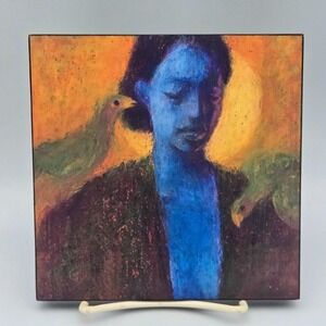 Moody Portrait Art Print On Wood Block Abstract Blue Woman Birds Signed Hunter